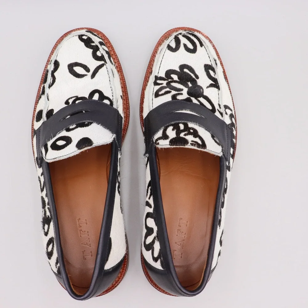 Taft Mens The Fitz Slip-On Penny Loafer Floral Print Calf Hair Sz 42 Black White